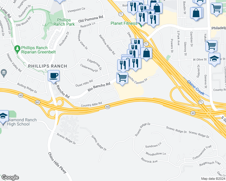 map of restaurants, bars, coffee shops, grocery stores, and more near 63 Carriage Way in Pomona