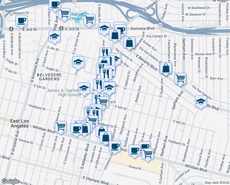 map of restaurants, bars, coffee shops, grocery stores, and more near 527 South Hillview Avenue in East Los Angeles