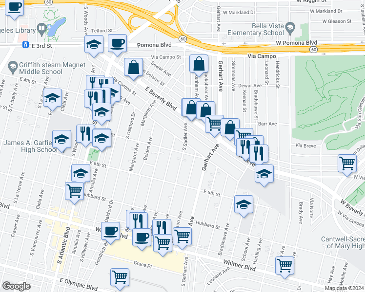 map of restaurants, bars, coffee shops, grocery stores, and more near 481 South Sadler Avenue in East Los Angeles
