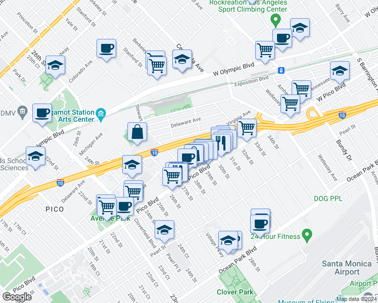 map of restaurants, bars, coffee shops, grocery stores, and more near 2904 Kansas Avenue in Santa Monica