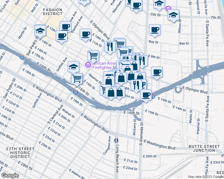 map of restaurants, bars, coffee shops, grocery stores, and more near 1429 Newton Street in Los Angeles