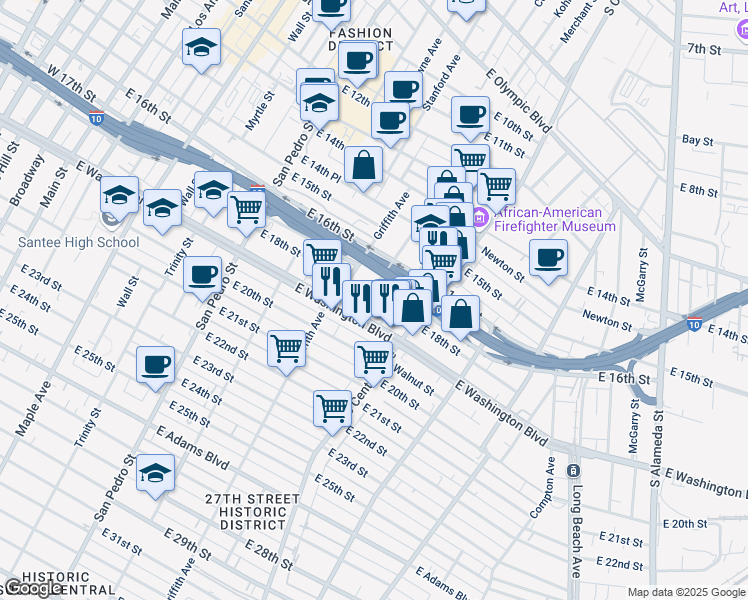 map of restaurants, bars, coffee shops, grocery stores, and more near 1101 East 18th Street in Los Angeles