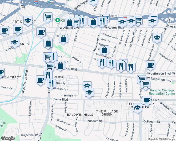 map of restaurants, bars, coffee shops, grocery stores, and more near West Jefferson Boulevard & Hauser Boulevard in Los Angeles