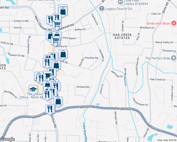 map of restaurants, bars, coffee shops, grocery stores, and more near 992 Brackett Road in Marietta