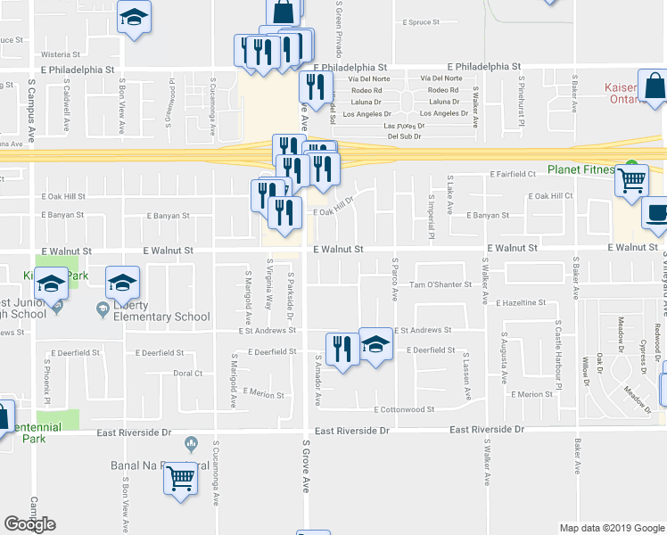 map of restaurants, bars, coffee shops, grocery stores, and more near 2620 South Calaveras Place in Ontario