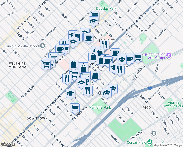 map of restaurants, bars, coffee shops, grocery stores, and more near 1427 17th Street in Santa Monica