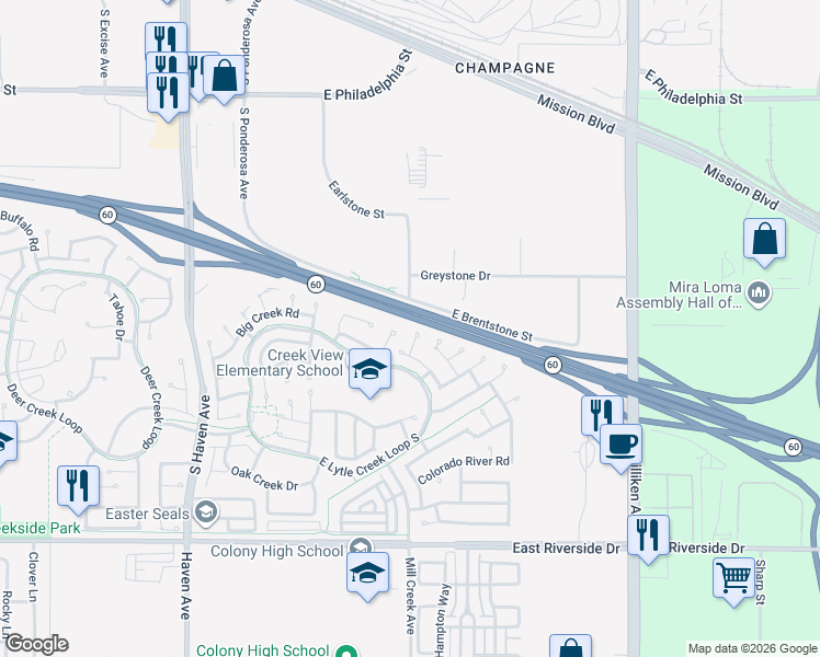 map of restaurants, bars, coffee shops, grocery stores, and more near 2602 Eel River Place in Ontario
