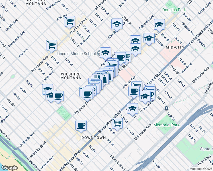 map of restaurants, bars, coffee shops, grocery stores, and more near 1225 Wilshire Boulevard in Santa Monica