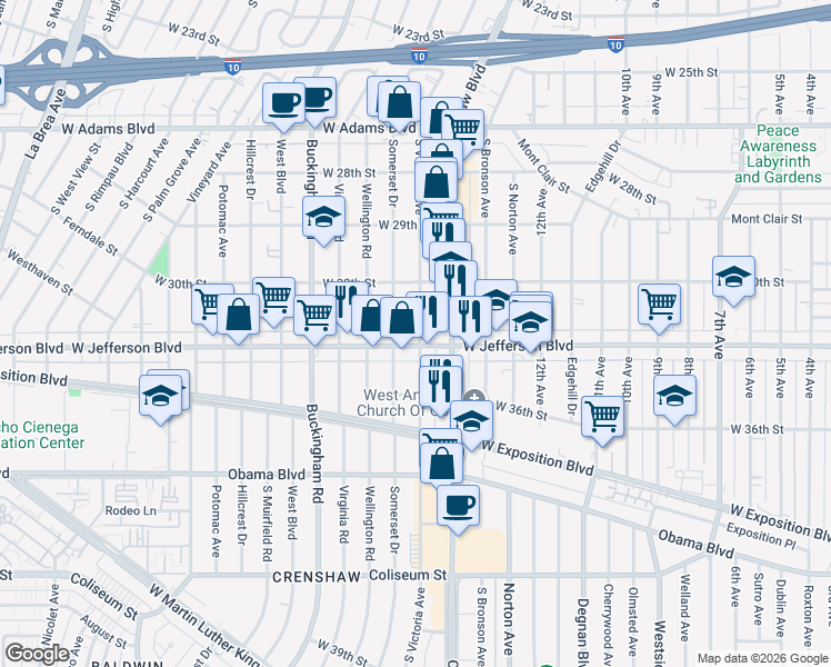 map of restaurants, bars, coffee shops, grocery stores, and more near 3053 South Victoria Avenue in Los Angeles