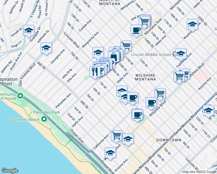 map of restaurants, bars, coffee shops, grocery stores, and more near 707 Idaho Avenue in Santa Monica
