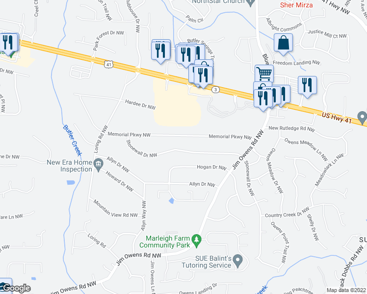 map of restaurants, bars, coffee shops, grocery stores, and more near 3664 Stonewall Drive Northwest in Kennesaw
