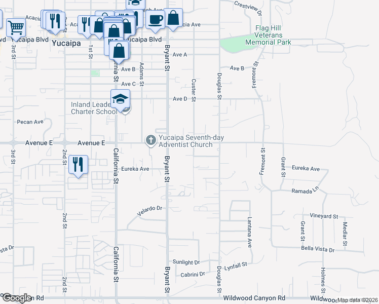 map of restaurants, bars, coffee shops, grocery stores, and more near 35393 Avenue East in Yucaipa