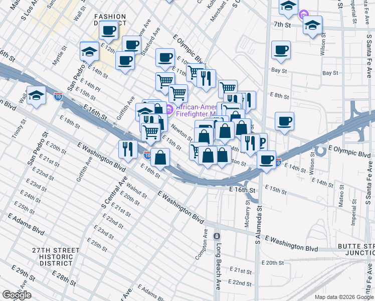 map of restaurants, bars, coffee shops, grocery stores, and more near 1400 Newton Street in Los Angeles