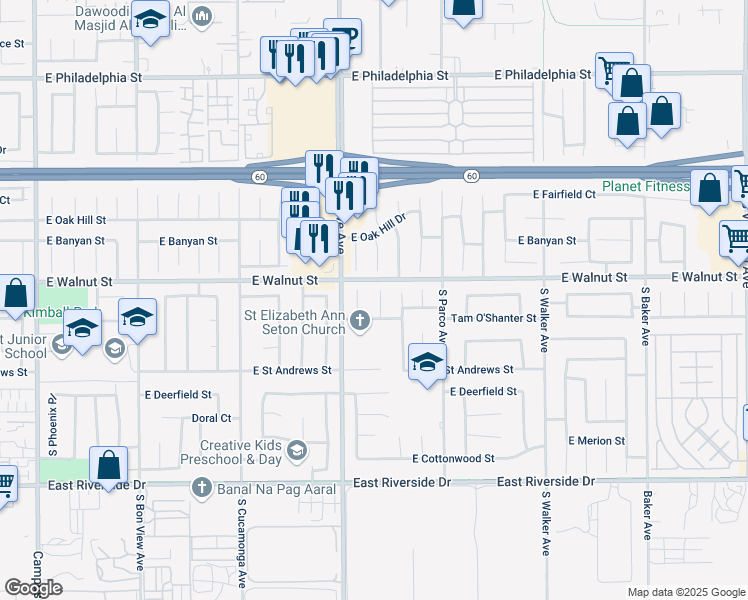 map of restaurants, bars, coffee shops, grocery stores, and more near 2620 South Calaveras Place in Ontario