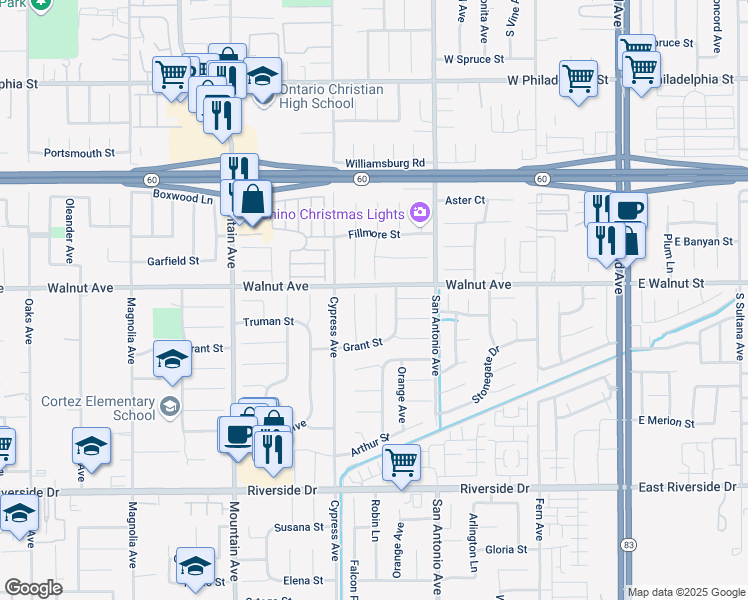 map of restaurants, bars, coffee shops, grocery stores, and more near 1251 Kumquat Place in Chino