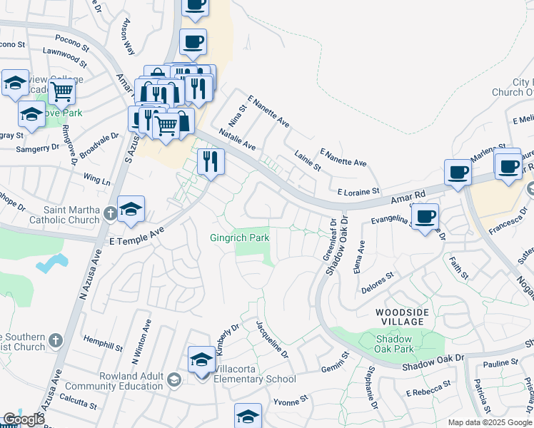 map of restaurants, bars, coffee shops, grocery stores, and more near 2636 Altamira Drive in West Covina
