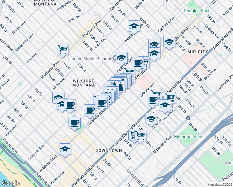 map of restaurants, bars, coffee shops, grocery stores, and more near 1225 Wilshire Boulevard in Santa Monica
