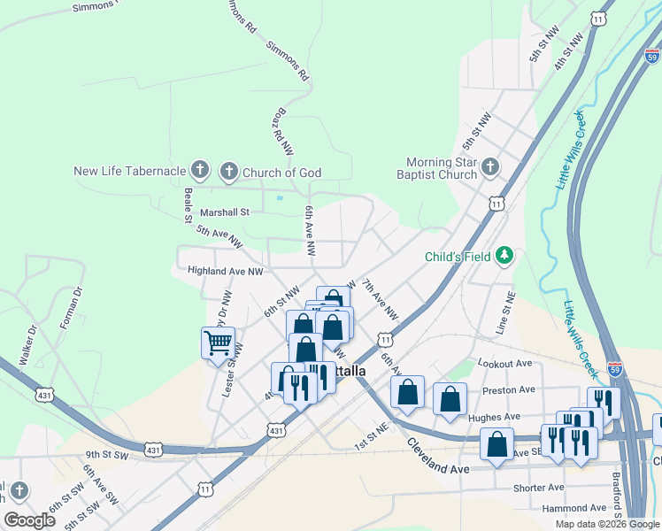 map of restaurants, bars, coffee shops, grocery stores, and more near 612 Highland Avenue Northwest in Attalla