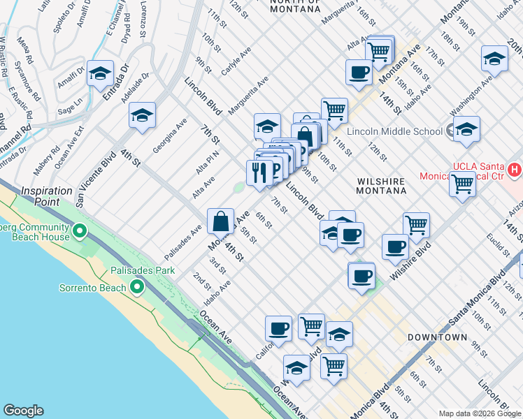 map of restaurants, bars, coffee shops, grocery stores, and more near 822 7th Street in Santa Monica
