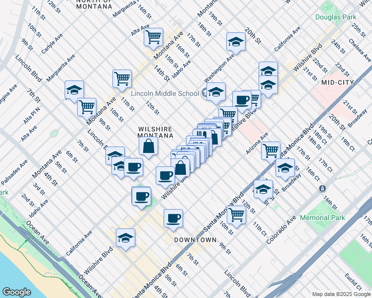 map of restaurants, bars, coffee shops, grocery stores, and more near 1114 12th Street in Santa Monica