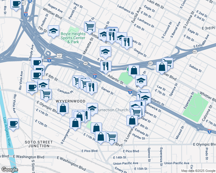 map of restaurants, bars, coffee shops, grocery stores, and more near 1106 South Dacotah Street in Los Angeles
