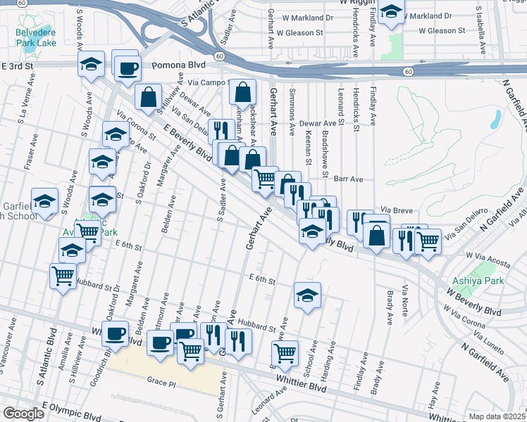 map of restaurants, bars, coffee shops, grocery stores, and more near 5683 Via Corona Street in East Los Angeles