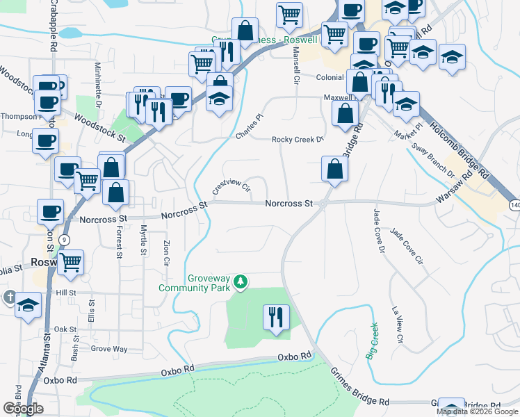 map of restaurants, bars, coffee shops, grocery stores, and more near 395 Norcross Street in Roswell
