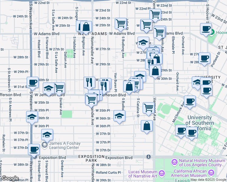 map of restaurants, bars, coffee shops, grocery stores, and more near 3117 Van Buren Place in Los Angeles