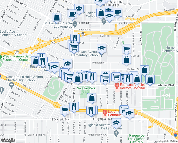 map of restaurants, bars, coffee shops, grocery stores, and more near 713 South Ditman Avenue in Los Angeles