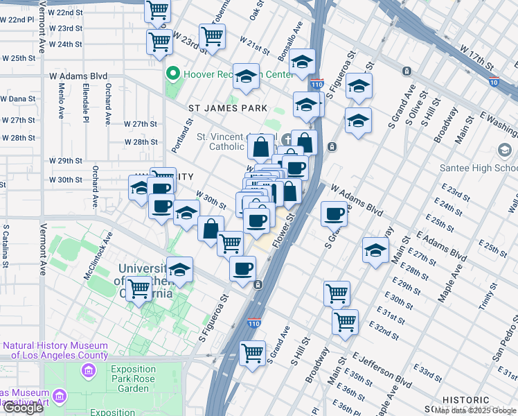 map of restaurants, bars, coffee shops, grocery stores, and more near 2811 South Figueroa Street in Los Angeles