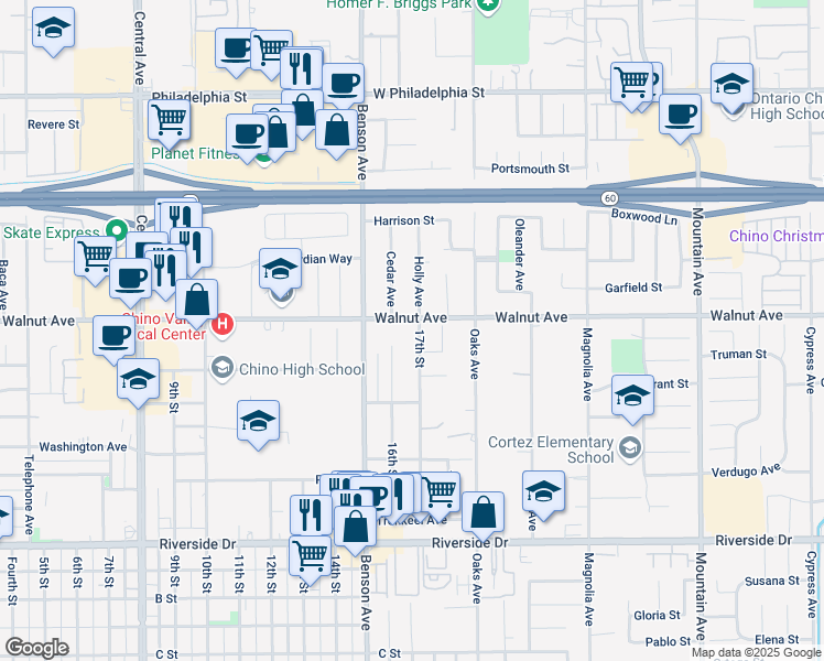 map of restaurants, bars, coffee shops, grocery stores, and more near 12512 17th Street in Chino