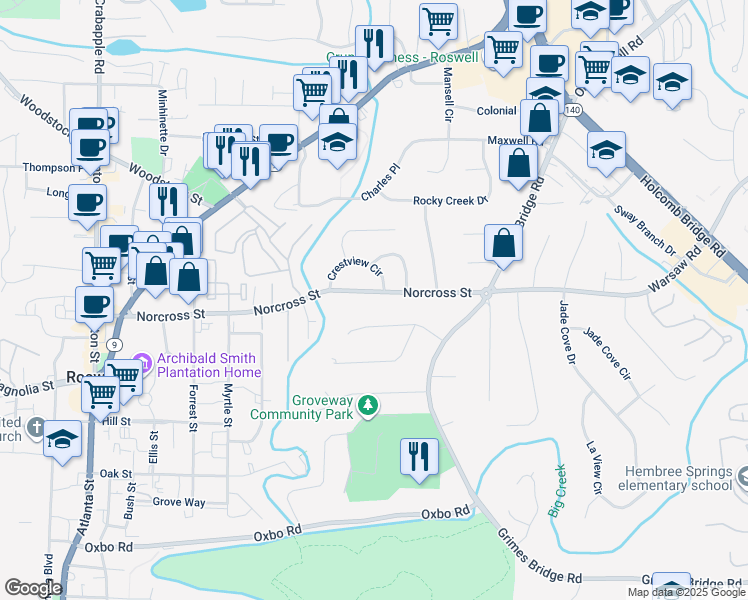 map of restaurants, bars, coffee shops, grocery stores, and more near 365 Norcross Street in Roswell