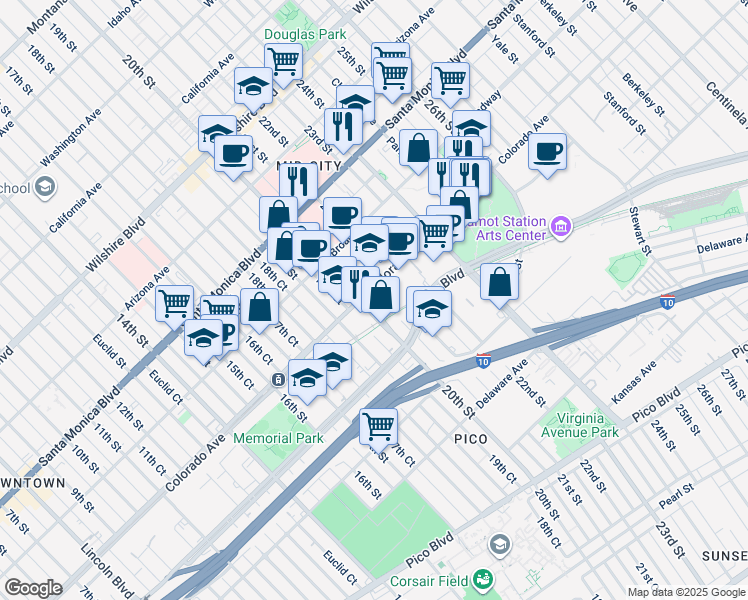 map of restaurants, bars, coffee shops, grocery stores, and more near 2100 Colorado Avenue in Santa Monica