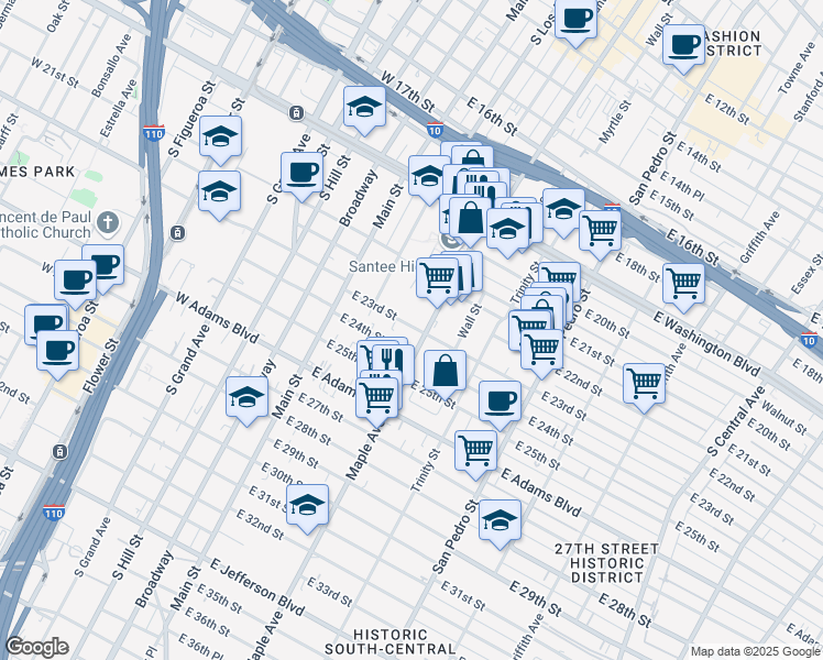 map of restaurants, bars, coffee shops, grocery stores, and more near 246 East 23rd Street in Los Angeles