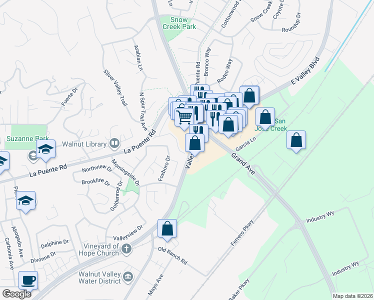 map of restaurants, bars, coffee shops, grocery stores, and more near 302 Spur Trail Avenue in Walnut