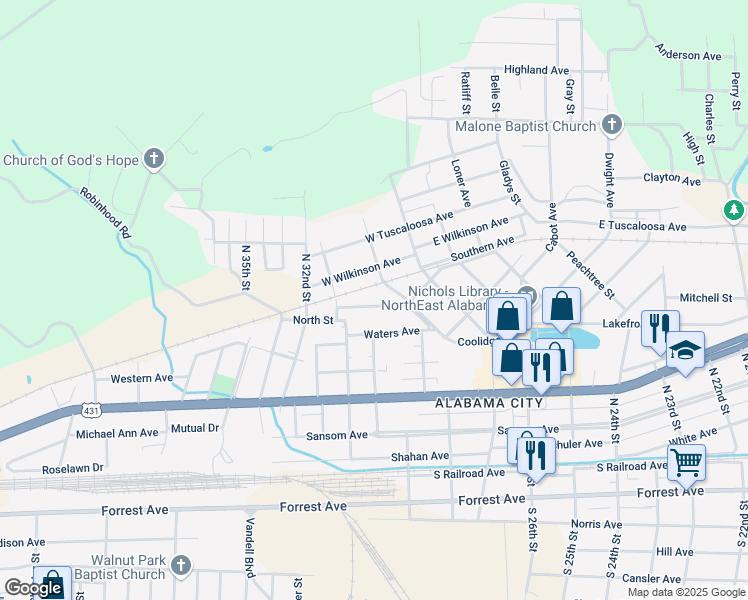 map of restaurants, bars, coffee shops, grocery stores, and more near 24 Sandusky Lane in Gadsden
