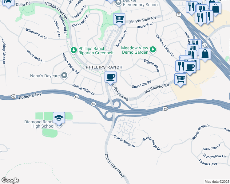 map of restaurants, bars, coffee shops, grocery stores, and more near 1 Lyons Street in Pomona