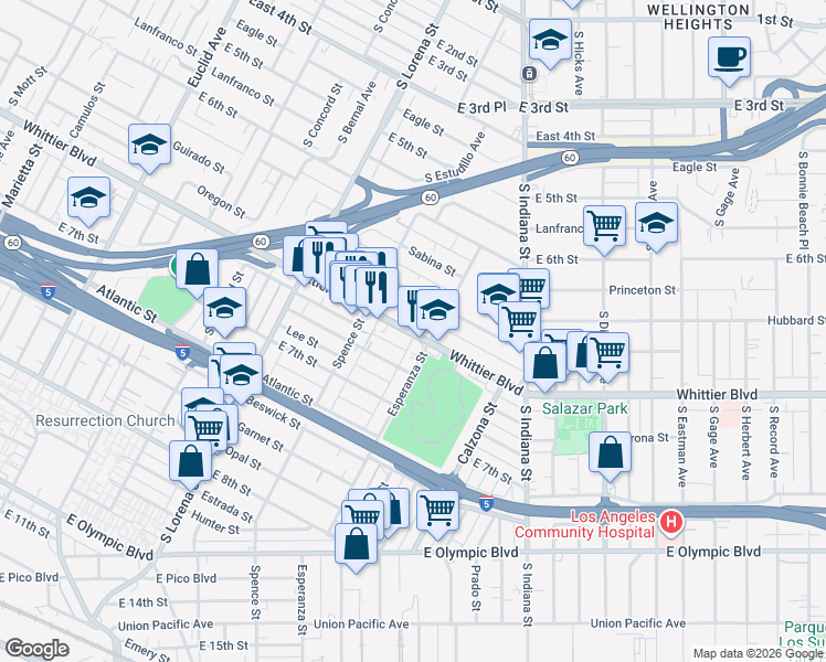 map of restaurants, bars, coffee shops, grocery stores, and more near 3552 Whittier Boulevard in Los Angeles