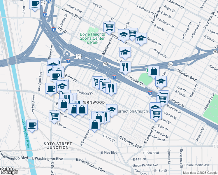 map of restaurants, bars, coffee shops, grocery stores, and more near 1142 Rosalind Avenue in Los Angeles
