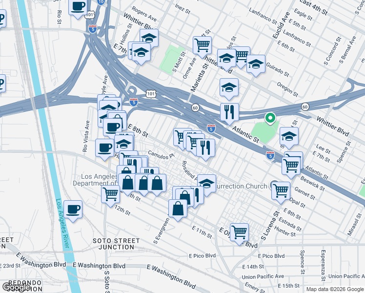 map of restaurants, bars, coffee shops, grocery stores, and more near 1160 Camulos Street in Los Angeles