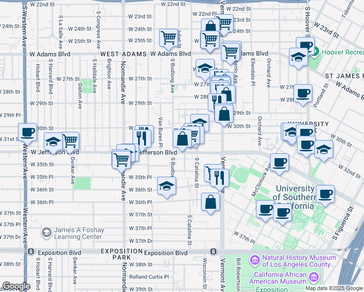 map of restaurants, bars, coffee shops, grocery stores, and more near 3112 Walton Avenue in Los Angeles