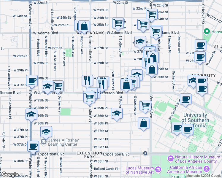 map of restaurants, bars, coffee shops, grocery stores, and more near 3117 Van Buren Place in Los Angeles