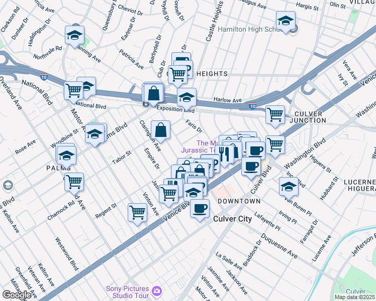 map of restaurants, bars, coffee shops, grocery stores, and more near 3663 Hughes Avenue in Los Angeles