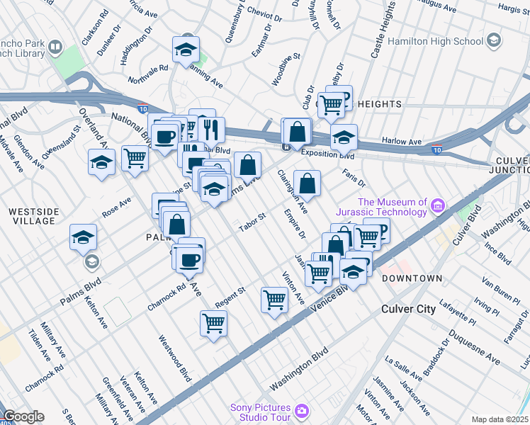 map of restaurants, bars, coffee shops, grocery stores, and more near 10203 Tabor Street in Los Angeles