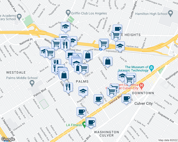 map of restaurants, bars, coffee shops, grocery stores, and more near 3520 Motor Avenue in Los Angeles