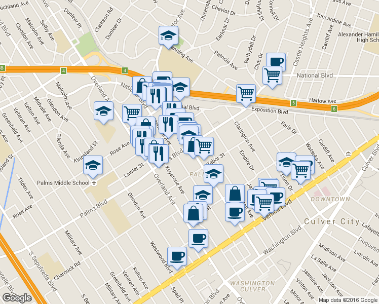 map of restaurants, bars, coffee shops, grocery stores, and more near  in Los Angeles