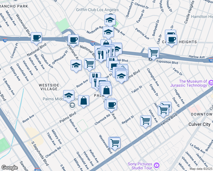 map of restaurants, bars, coffee shops, grocery stores, and more near 3410 Overland Avenue in Los Angeles
