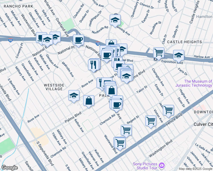 map of restaurants, bars, coffee shops, grocery stores, and more near 3410 Overland Avenue in Los Angeles