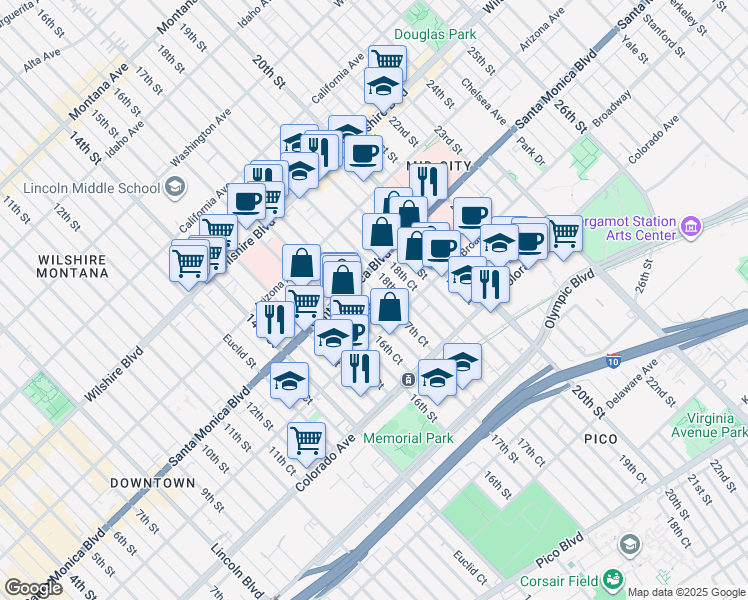 map of restaurants, bars, coffee shops, grocery stores, and more near 1427 17th Street in Santa Monica
