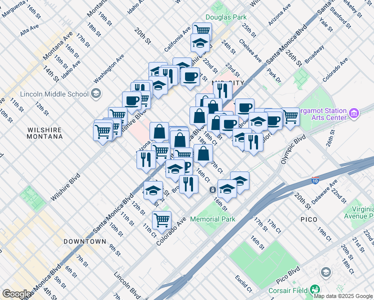map of restaurants, bars, coffee shops, grocery stores, and more near 1427 17th Street in Santa Monica